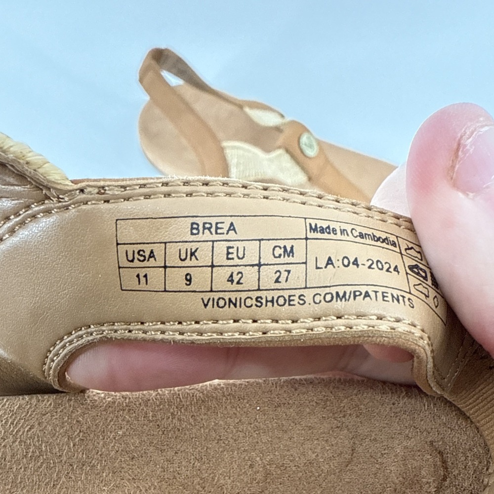 Vionic Brea Sandals Women 11 Tan Leather Slingback Toe Post Comfort Arch Support - Picture 5 of 10